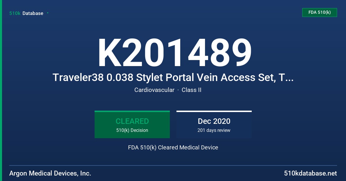 K201489 Traveler38 0.038 Stylet Portal Vein Access Set, Traveler21 21ga Needle Portal Vein Access Set, Traveler16 16ga Needle Portal Vein Access set FDA 510(k) Cleared Medical Device