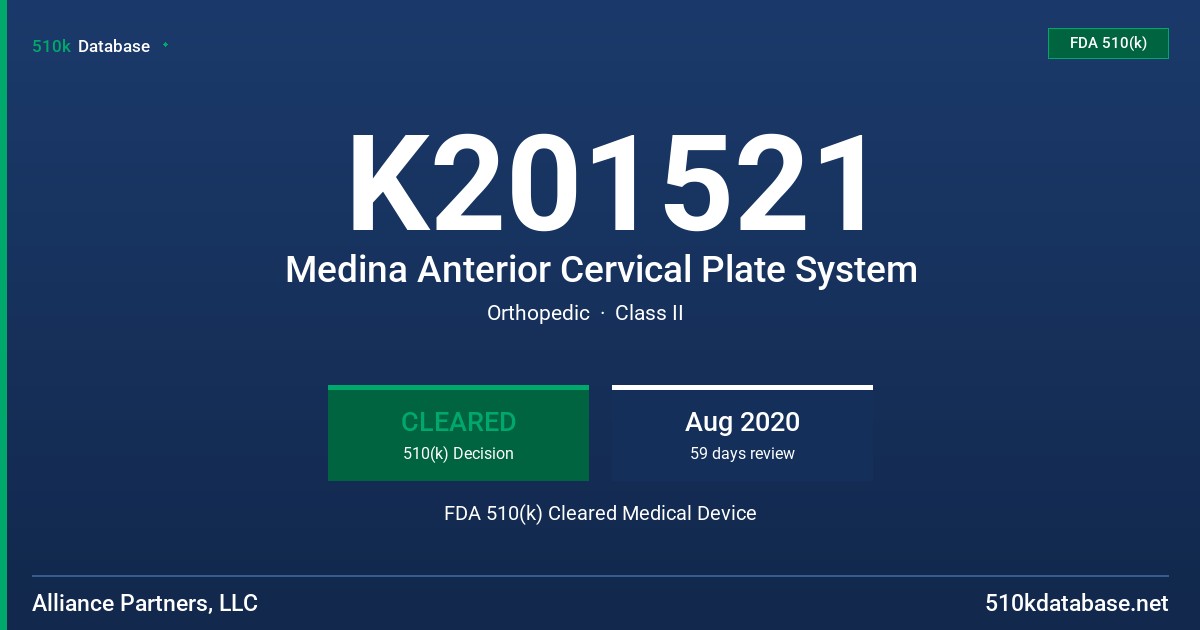K201521 Medina Anterior Cervical Plate System FDA 510(k) Cleared Medical Device