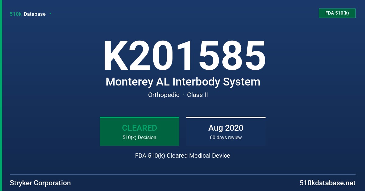 K201585 Monterey AL Interbody System FDA 510(k) Cleared Medical Device