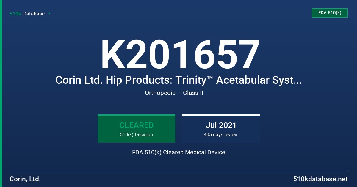 K201657 Corin Ltd. Hip Products: Trinity™ Acetabular System, Trinity™ PLUS Acetabular Shell, MetaFix™ Hip System, TriFit™ CF and TS Hip Systems, TaperFit™ Hip System, Revival™ Modular Hip System, MiniHip™, Trinity™ Dual Mobility, MobiliT, BiPolar-i, OMNI MOD™ Hip System, OMNI K1 and K2 Hip Systems, OMNI Bipolar Heads, Corin Biolox Delta Ceramic Heads, OMNI Delta Ceramic Heads FDA 510(k) Cleared Medical Device