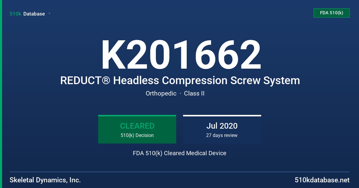 K201662 REDUCT® Headless Compression Screw System FDA 510(k) Cleared Medical Device