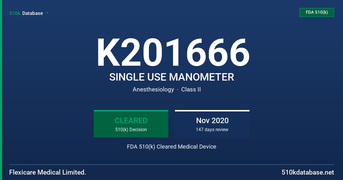 K201666 SINGLE USE MANOMETER FDA 510(k) Cleared Medical Device