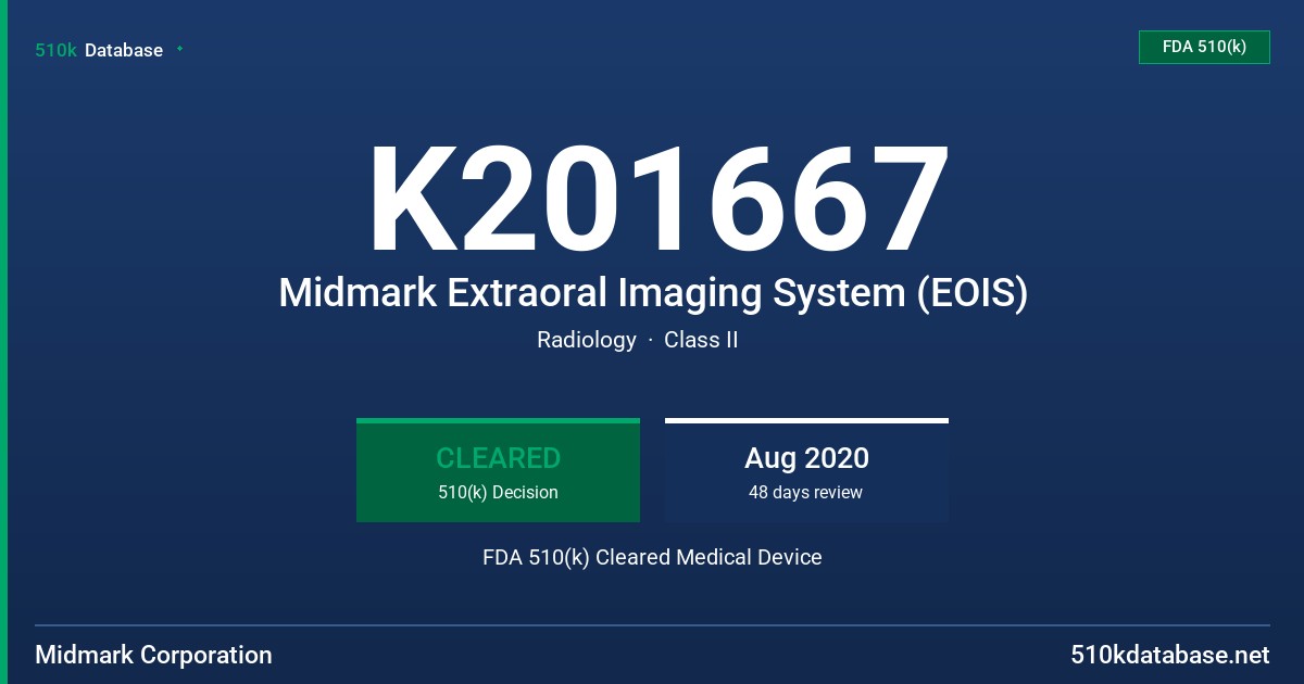 K201667 Midmark Extraoral Imaging System (EOIS) FDA 510(k) Cleared Medical Device