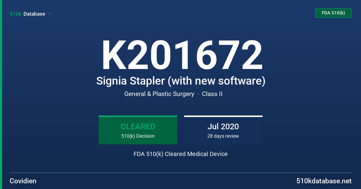 K201672 Signia Stapler (with new software) FDA 510(k) Cleared Medical Device