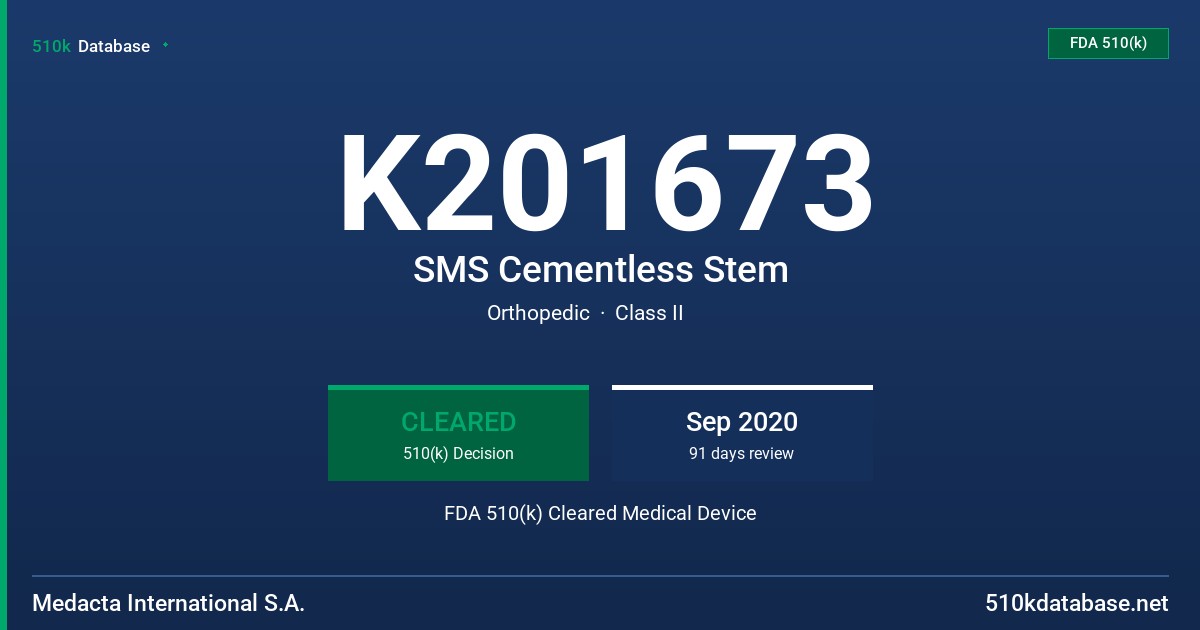 K201673 SMS Cementless Stem FDA 510(k) Cleared Medical Device