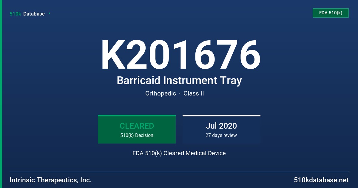 K201676 Barricaid Instrument Tray FDA 510(k) Cleared Medical Device