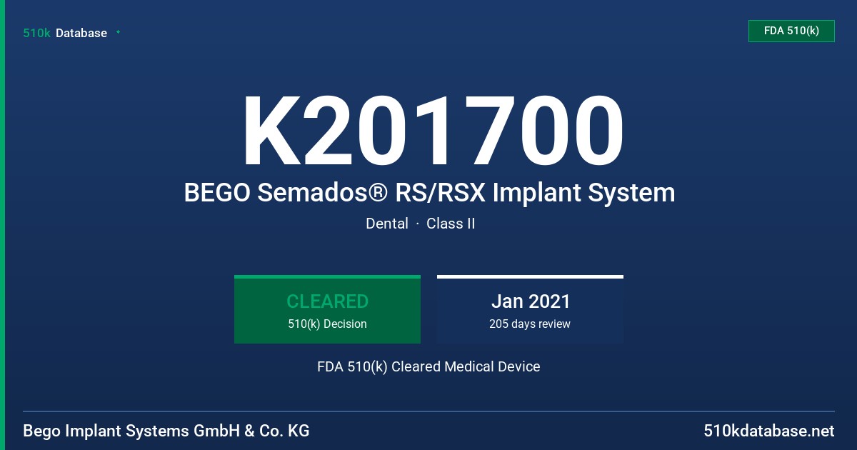 K201700 BEGO Semados® RS/RSX Implant System FDA 510(k) Cleared Medical Device