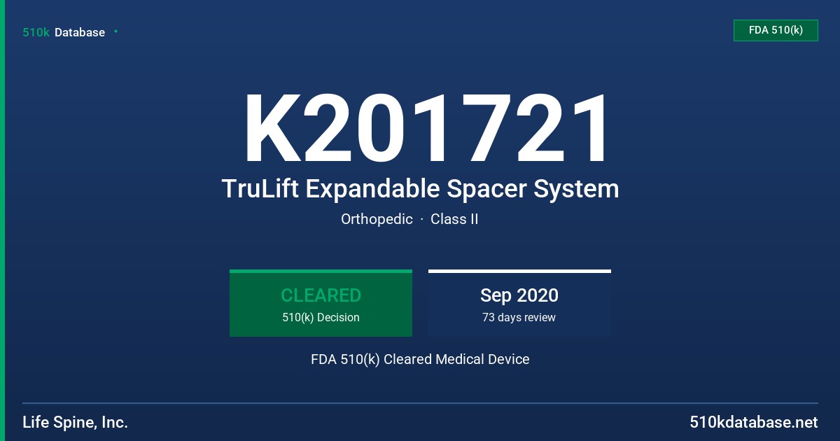 K201721 TruLift Expandable Spacer System FDA 510(k) Cleared Medical Device