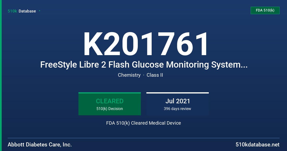 K201761 FreeStyle Libre 2 Flash Glucose Monitoring System (with FreeStyle Libre 2 App) FDA 510(k) Cleared Medical Device