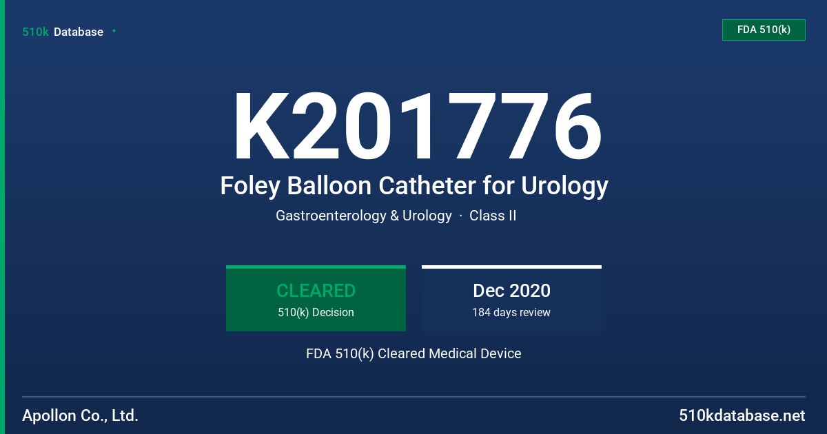 K201776 Foley Balloon Catheter for Urology FDA 510(k) Cleared Medical Device