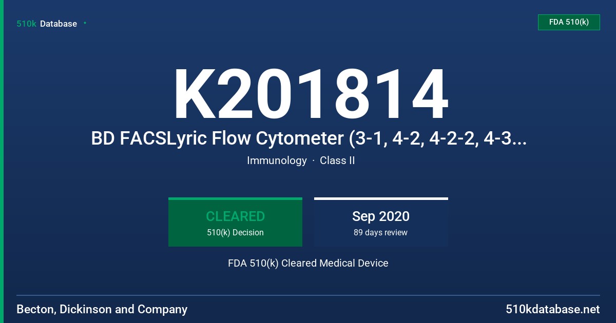 K201814 BD FACSLyric Flow Cytometer (3-1, 4-2, 4-2-2, 4-3-3 and 4-3-5 optical configurations), BD FACSDuet Sample Preparation System, BD FACS Universal Loader, BD FACSuite Clinical software, BD Multitest 6-Color Assay Modules, BD Multitest 4-Color Assay Modules, BD FACSFlow Sheath Fluid, BD CS&T Beads, BD FC Beads 7-Color Kit FDA 510(k) Cleared Medical Device