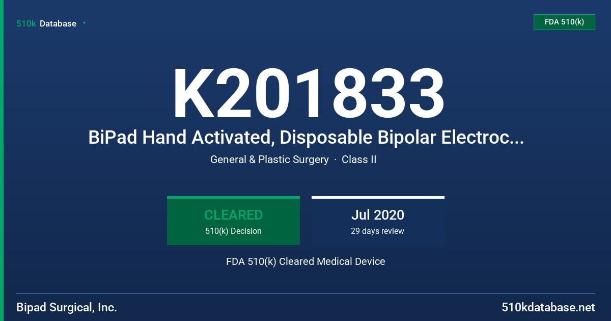 K201833 BiPad Hand Activated, Disposable Bipolar Electrocautery Cords FDA 510(k) Cleared Medical Device