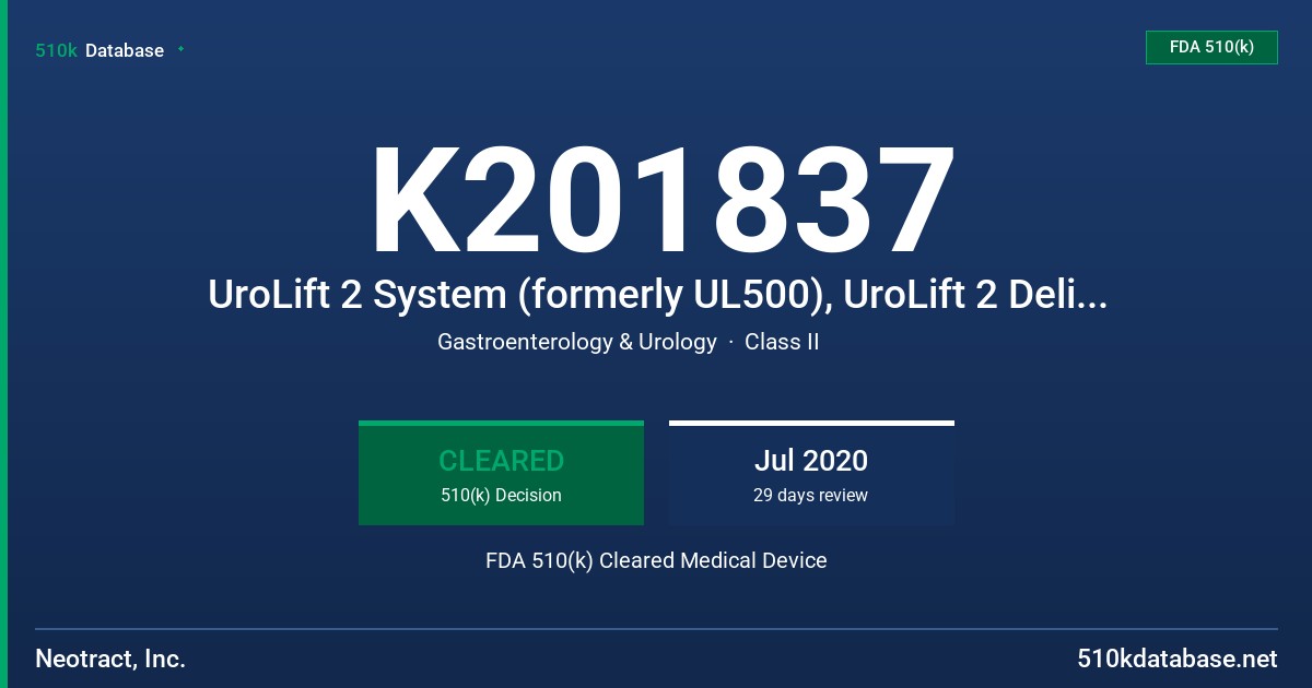 K201837 UroLift 2 System (formerly UL500), UroLift 2 Delivery Handle, UroLift 2 Implant Cartridge FDA 510(k) Cleared Medical Device