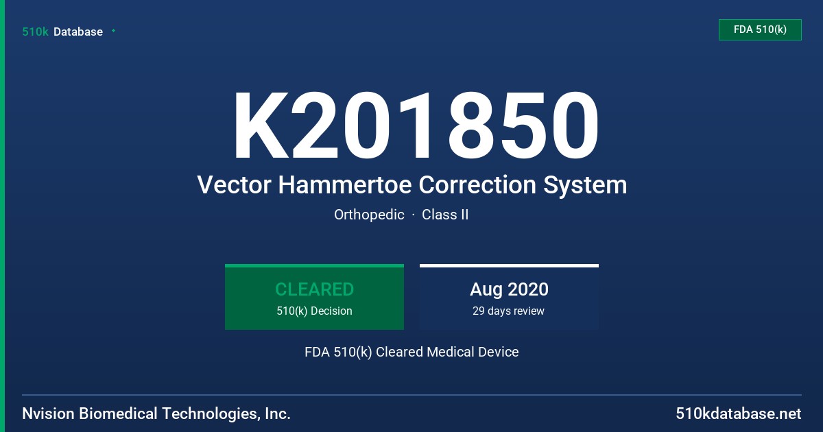K201850 Vector Hammertoe Correction System FDA 510(k) Cleared Medical Device