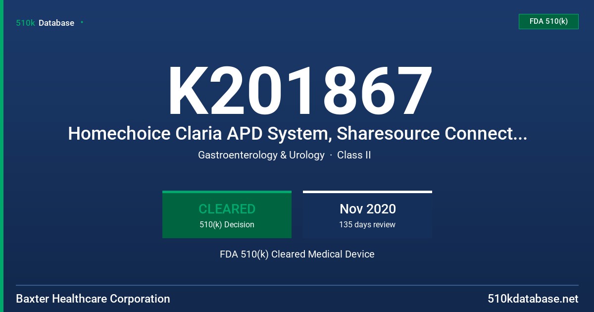 K201867 Homechoice Claria APD System, Sharesource Connectivity Platform for Use with the Homechoice Claria APD System FDA 510(k) Cleared Medical Device