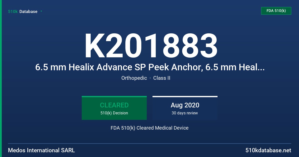 K201883 6.5 mm Healix Advance SP Peek Anchor, 6.5 mm Healix Advance SP Biocomposite Anchor FDA 510(k) Cleared Medical Device