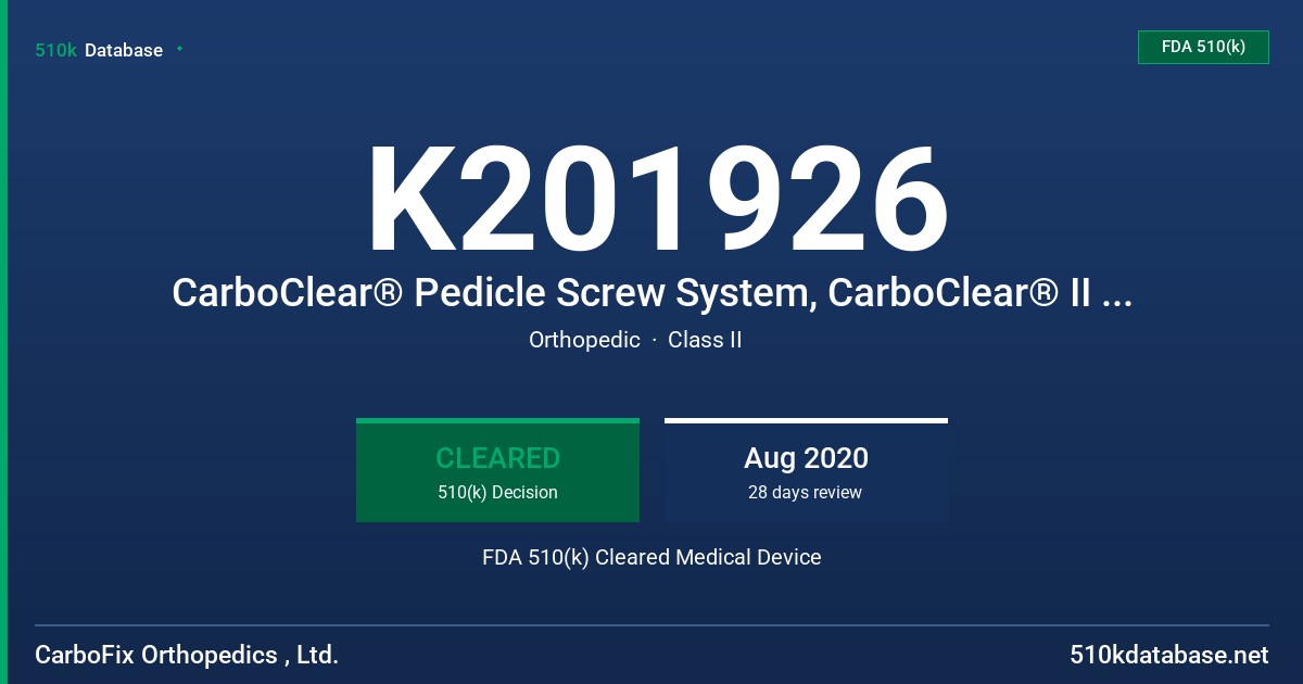 K201926 CarboClear® Pedicle Screw System, CarboClear® II Pedicle Screw System FDA 510(k) Cleared Medical Device