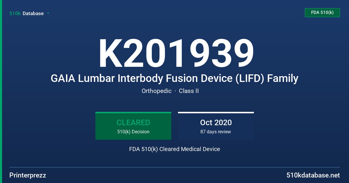 K201939 GAIA Lumbar Interbody Fusion Device (LIFD) Family FDA 510(k) Cleared Medical Device