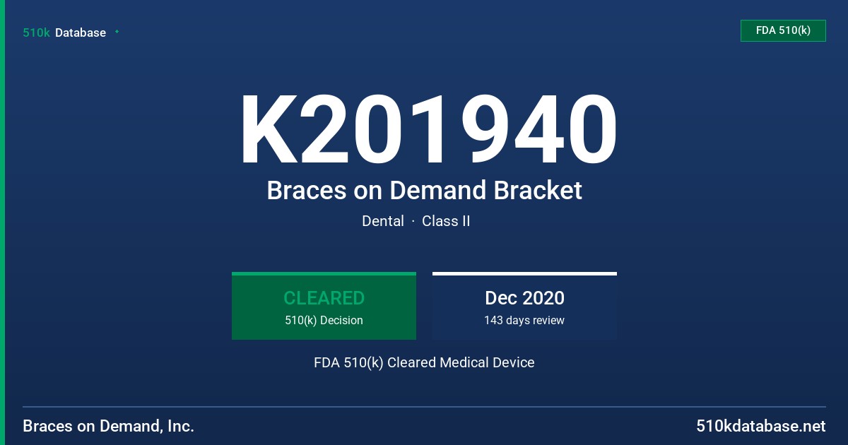 K201940 Braces on Demand Bracket FDA 510(k) Cleared Medical Device