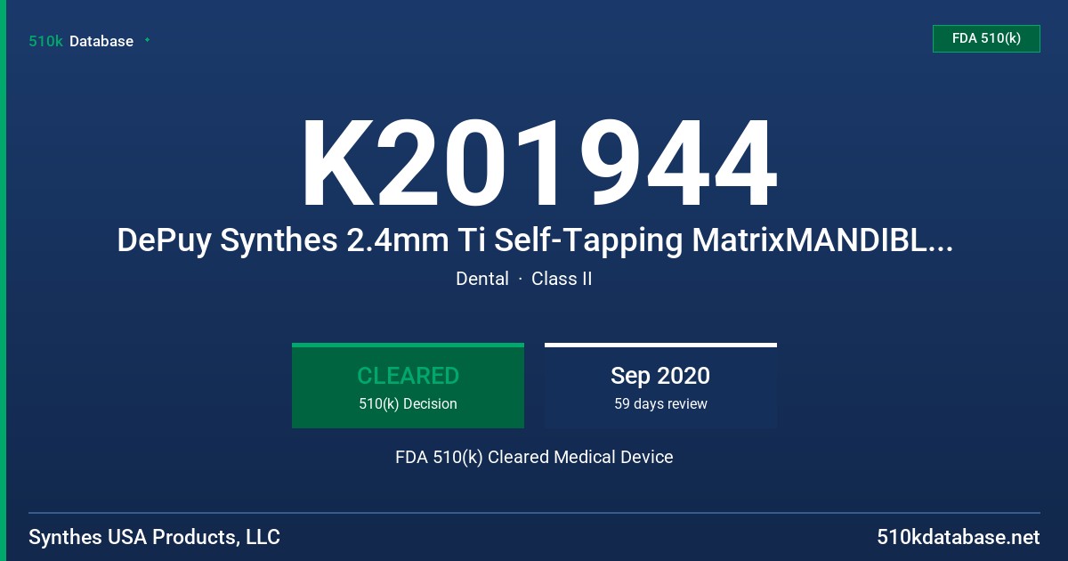 K201944 DePuy Synthes 2.4mm Ti Self-Tapping MatrixMANDIBLE Screws (26-40mm) FDA 510(k) Cleared Medical Device