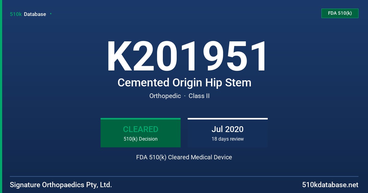 K201951 Cemented Origin Hip Stem FDA 510(k) Cleared Medical Device