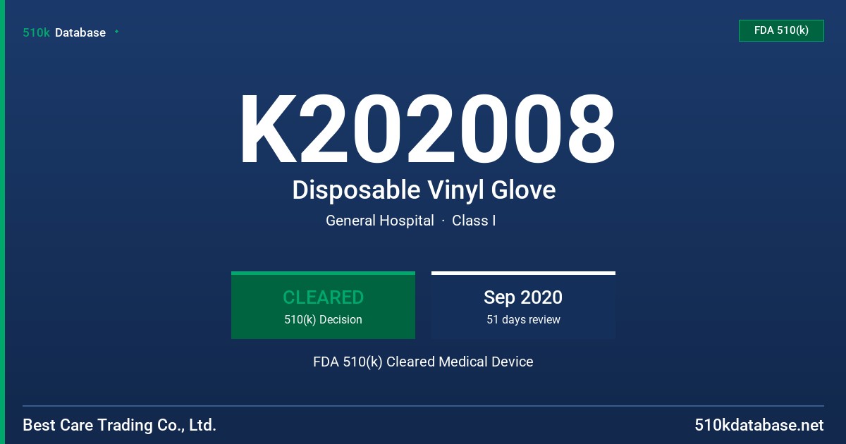K202008 Disposable Vinyl Glove FDA 510(k) Cleared Medical Device