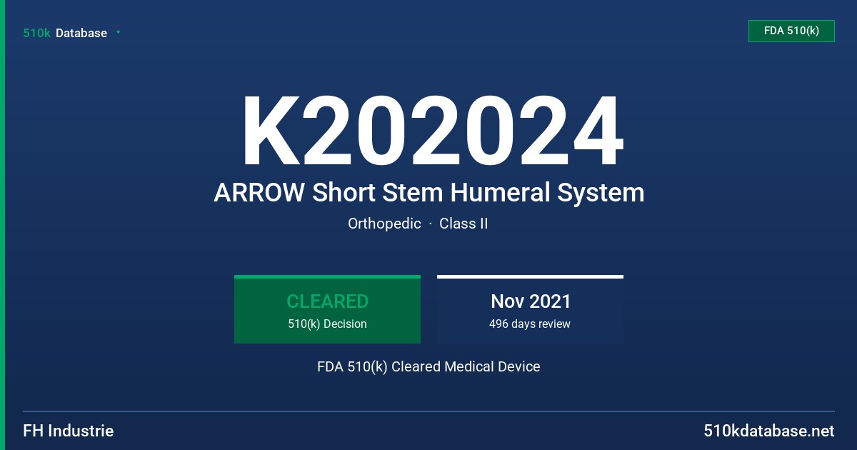 K202024 ARROW Short Stem Humeral System FDA 510(k) Cleared Medical Device