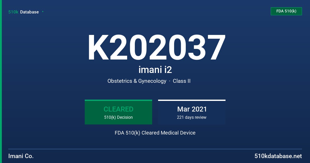K202037 imani i2 FDA 510(k) Cleared Medical Device
