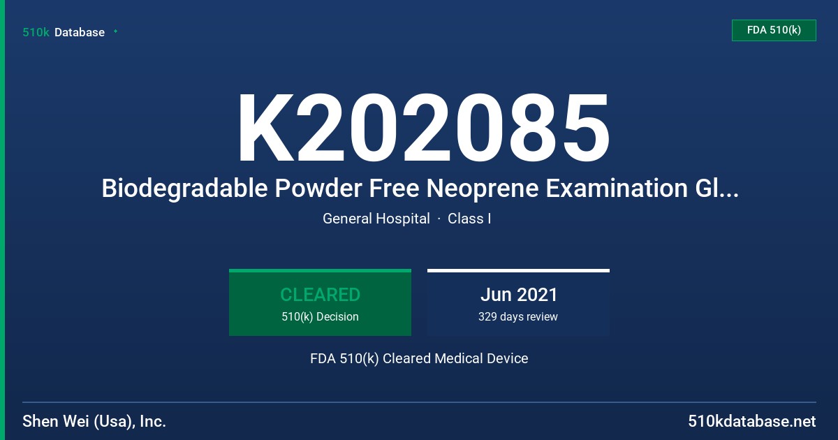 K202085 Biodegradable Powder Free Neoprene Examination Glove, Low Dermatitis Potential Claim, Green FDA 510(k) Cleared Medical Device