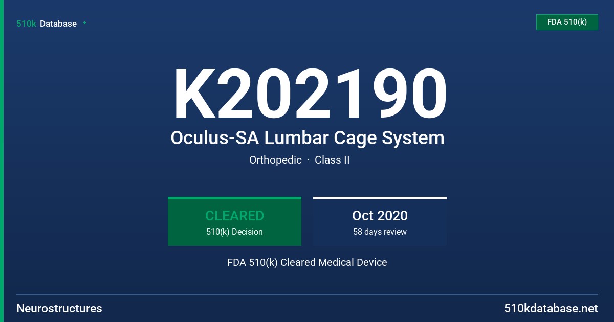 K202190 Oculus-SA Lumbar Cage System FDA 510(k) Cleared Medical Device