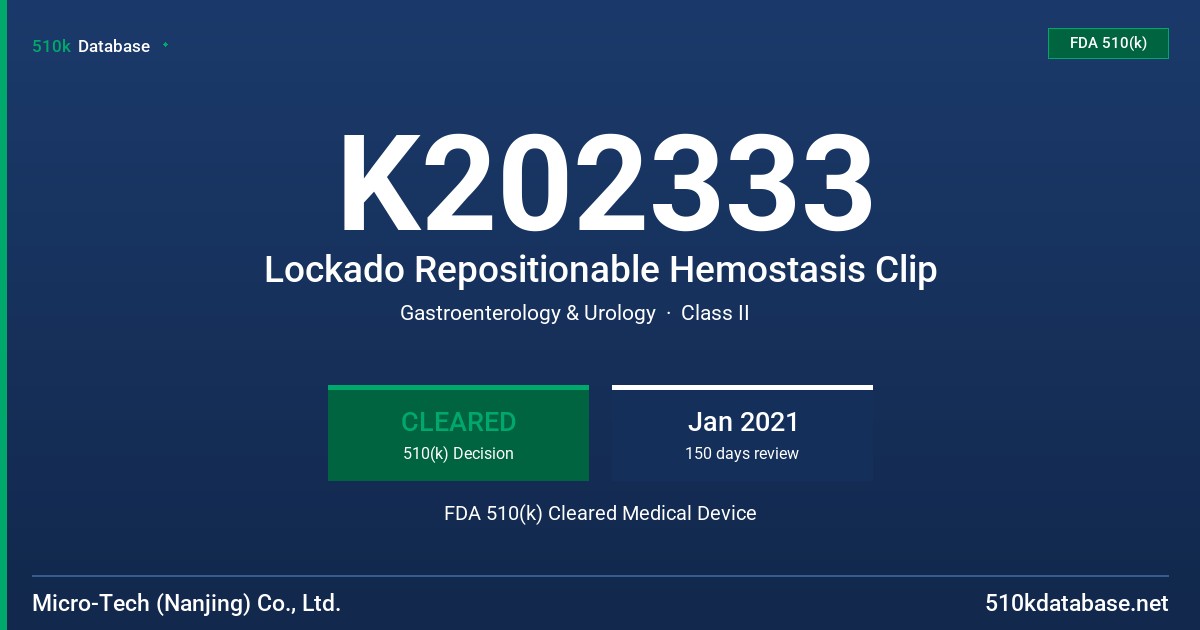 K202333 Lockado Repositionable Hemostasis Clip FDA 510(k) Cleared Medical Device