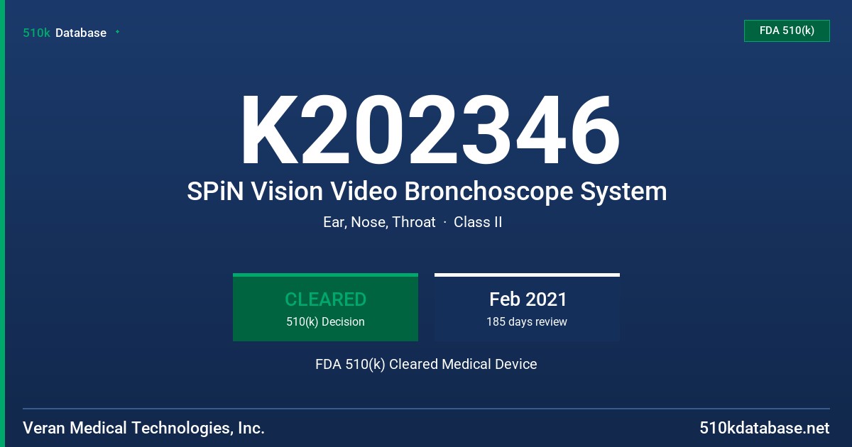 K202346 SPiN Vision Video Bronchoscope System FDA 510(k) Cleared Medical Device