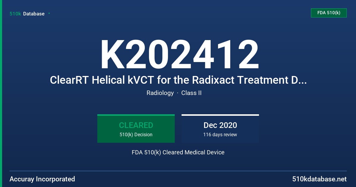 K202412 ClearRT Helical kVCT for the Radixact Treatment Delivery System FDA 510(k) Cleared Medical Device