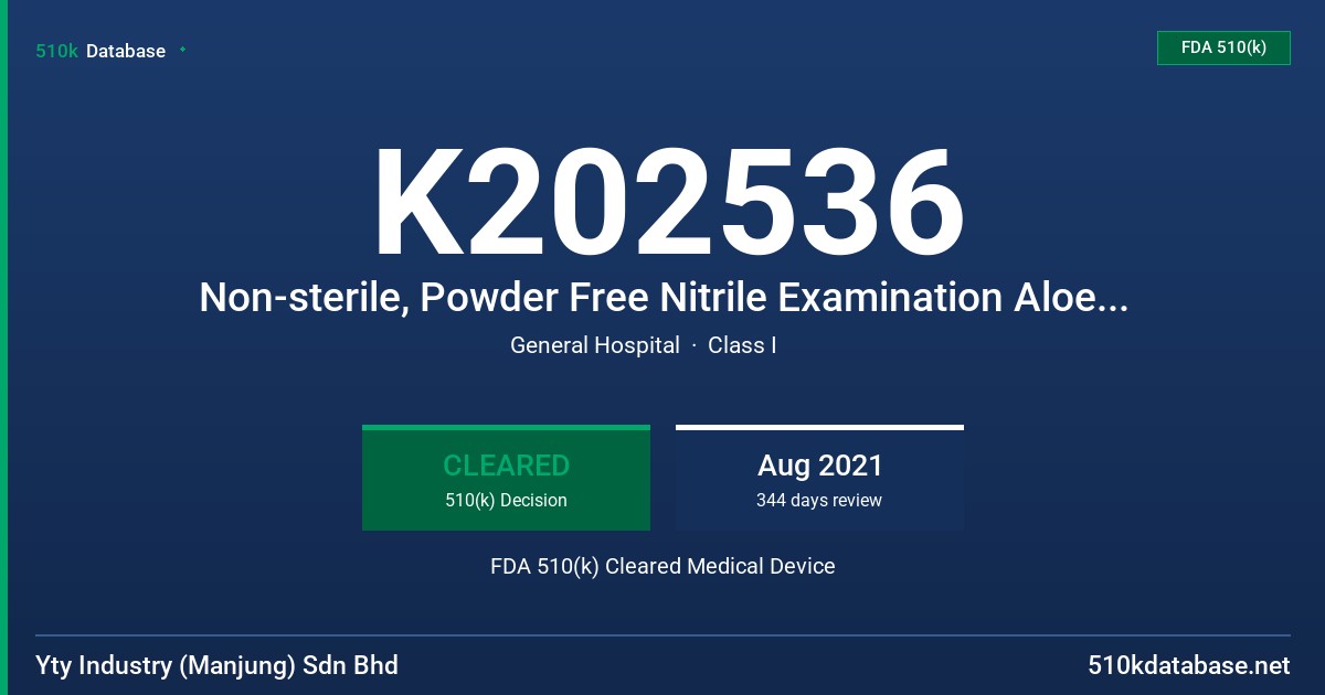 K202536 Non-sterile, Powder Free Nitrile Examination Aloe Vera Gloves, Low Dermatitis Potential, Tested for use with Chemotherapy Drugs, And Non-Sterile, Powder Free Nitrile Examination Gloves, Tested for use with Chemotherapy Drugs and Fentanyl Citrate FDA 510(k) Cleared Medical Device