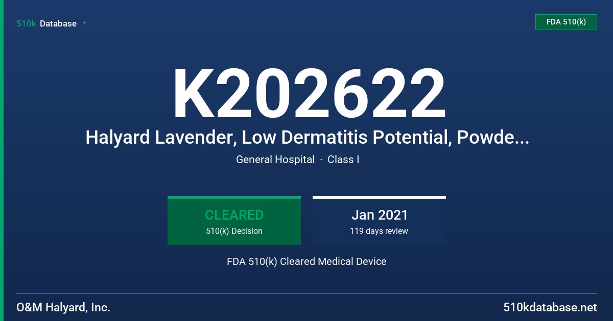 K202622 Halyard Lavender, Low Dermatitis Potential, Powder-Free Exam Gloves Tested for Use with Chemotherapy Drugs and and Fentanyl Citrate FDA 510(k) Cleared Medical Device