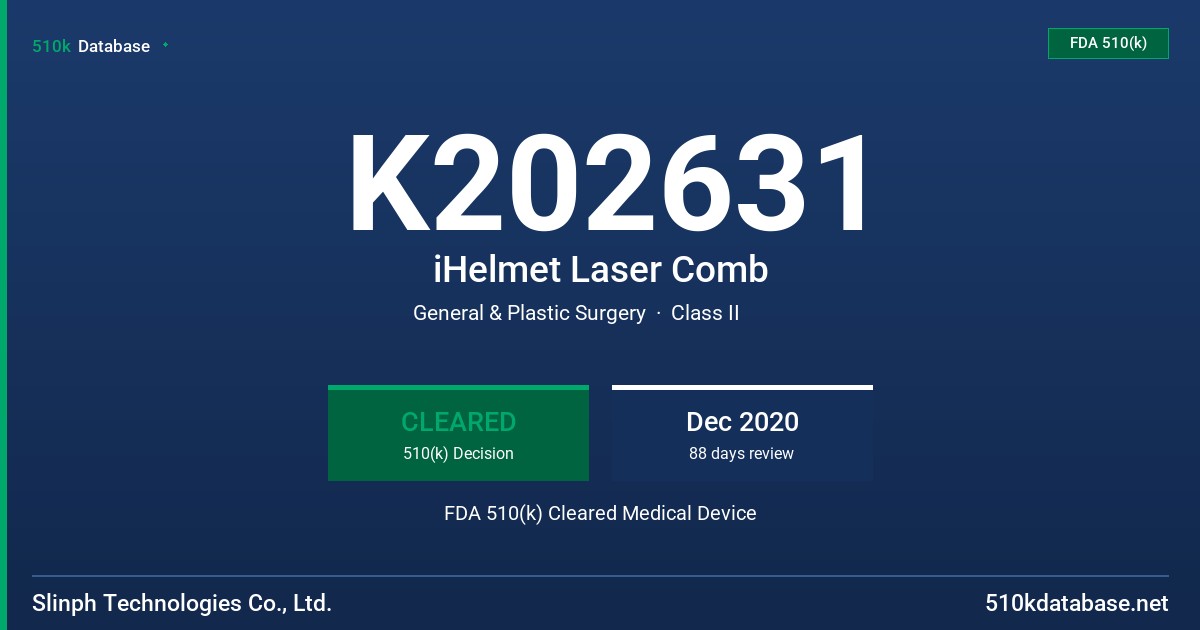K202631 iHelmet Laser Comb FDA 510(k) Cleared Medical Device