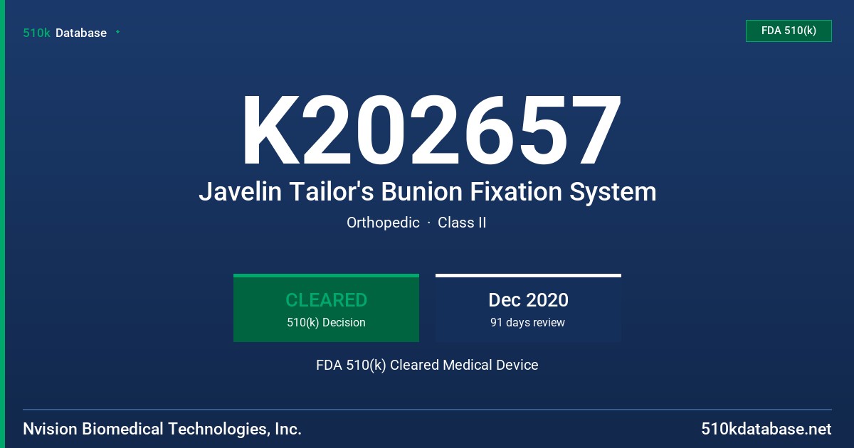 K202657 Javelin Tailor's Bunion Fixation System FDA 510(k) Cleared Medical Device