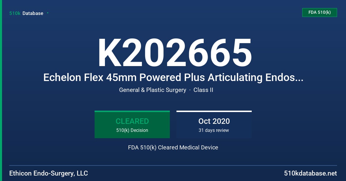K202665 Echelon Flex 45mm Powered Plus Articulating Endoscopic Linear cutters, Echelon Flex 60mm Powered Plus Articulating Endoscopic Linear cutters, Echelon Endopath Endoscopic Linear Cutter Reloads, 45mm, Echelon Endopath Endoscopic Linear Cutter Reloads, 60mm FDA 510(k) Cleared Medical Device