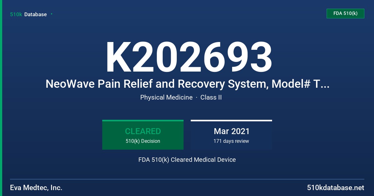 K202693 NeoWave Pain Relief and Recovery System, Model# T16-2020 FDA 510(k) Cleared Medical Device
