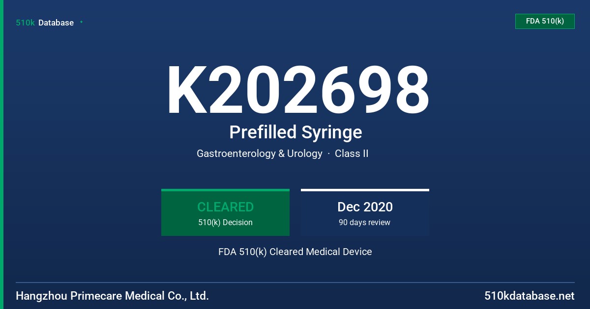 K202698 Prefilled Syringe FDA 510(k) Cleared Medical Device
