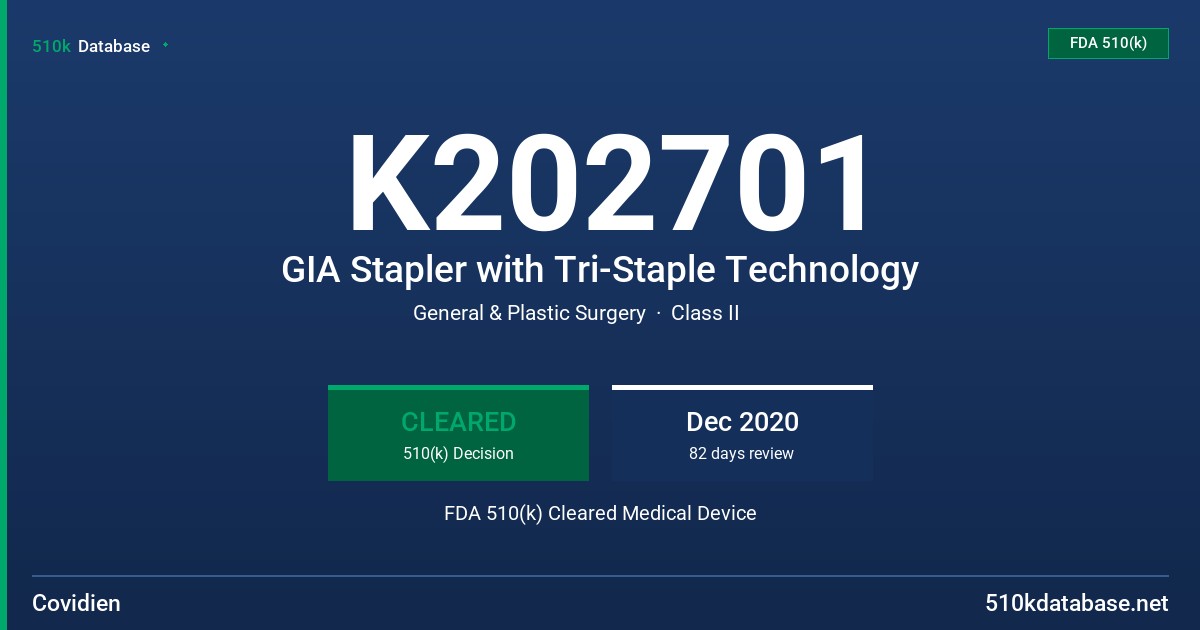 K202701 GIA Stapler with Tri-Staple Technology FDA 510(k) Cleared Medical Device