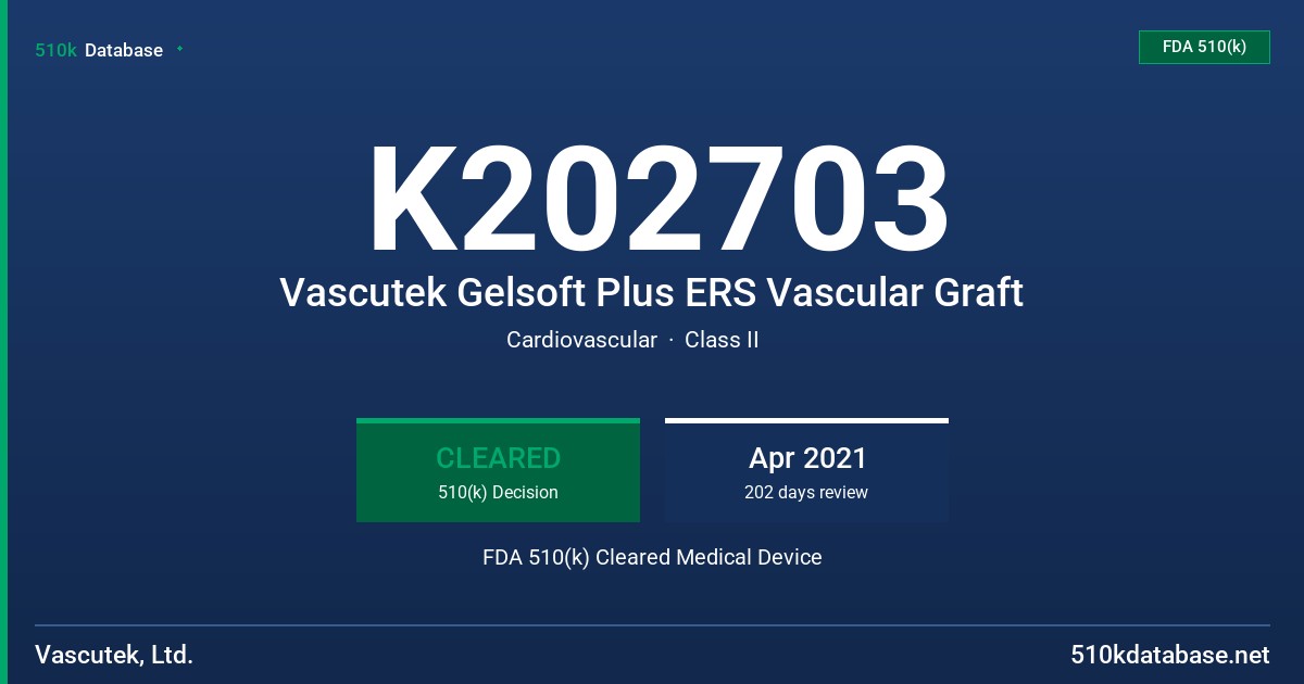 K202703 Vascutek Gelsoft Plus ERS Vascular Graft FDA 510(k) Cleared Medical Device