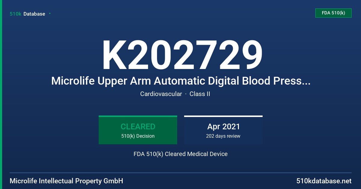 K202729 Microlife Upper Arm Automatic Digital Blood Pressure Monitor FDA 510(k) Cleared Medical Device
