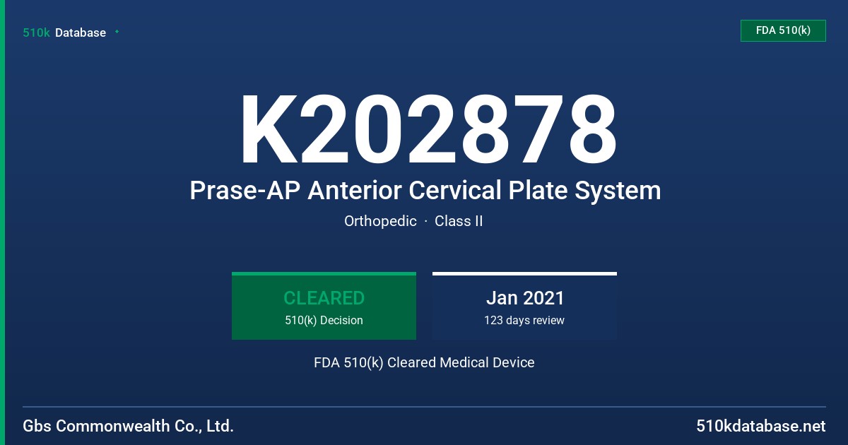 K202878 Prase-AP Anterior Cervical Plate System FDA 510(k) Cleared Medical Device