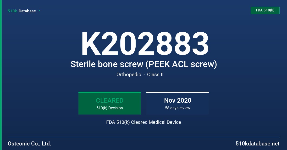 K202883 Sterile bone screw (PEEK ACL screw) FDA 510(k) Cleared Medical Device