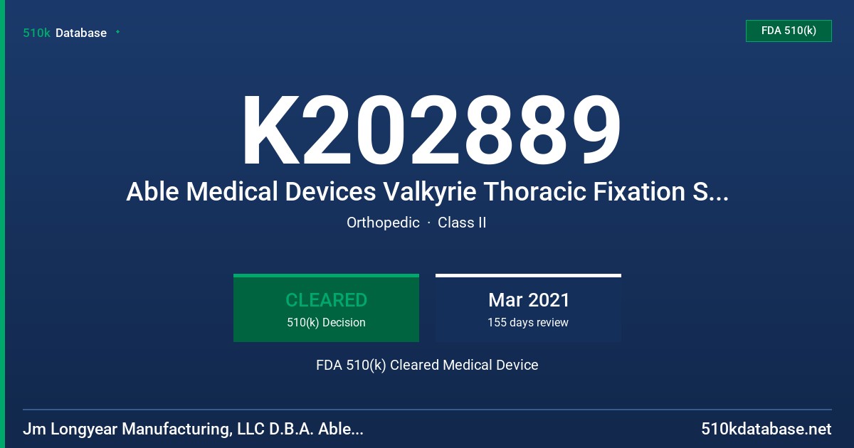 K202889 Able Medical Devices Valkyrie Thoracic Fixation System FDA 510(k) Cleared Medical Device
