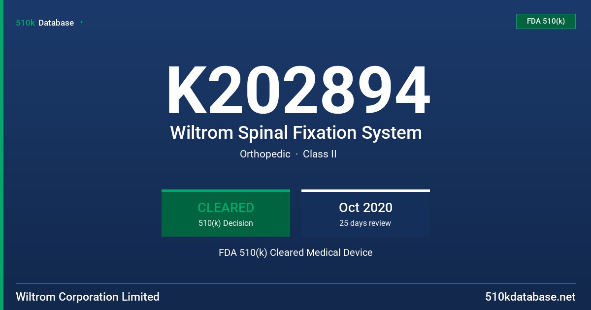K202894 Wiltrom Spinal Fixation System FDA 510(k) Cleared Medical Device