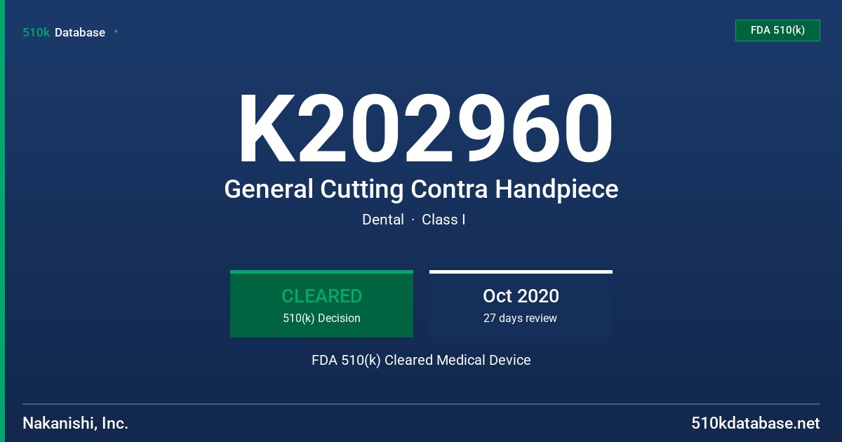 K202960 General Cutting Contra Handpiece FDA 510(k) Cleared Medical Device