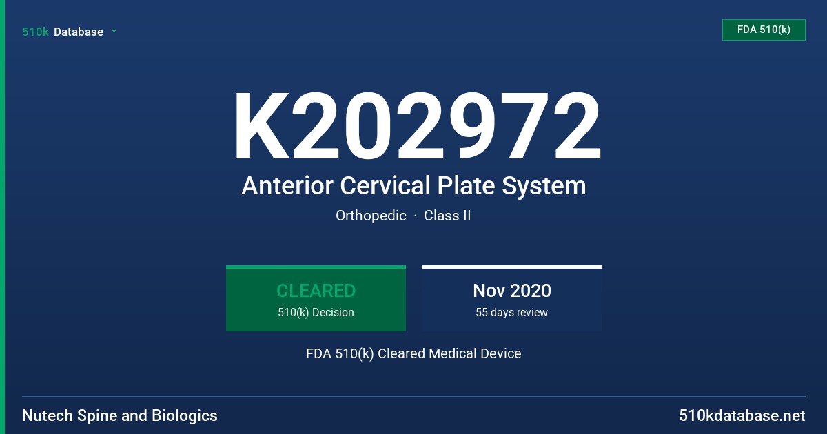 K202972 Anterior Cervical Plate System FDA 510(k) Cleared Medical Device