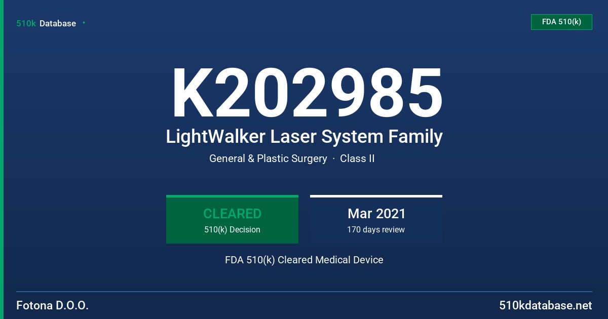 K202985 LightWalker Laser System Family FDA 510(k) Cleared Medical Device